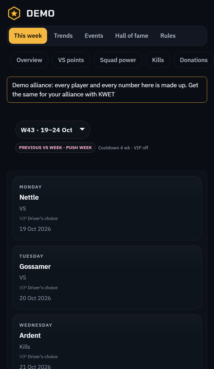 Train schedule of the week in the demo alliance, on a phone
